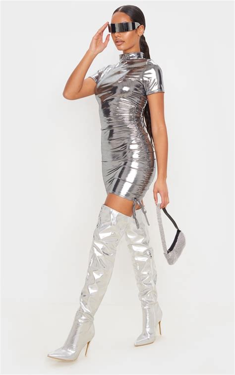 Silver Metallic Short Sleeve Ruched Bodycon Dress Prettylittlething Ca