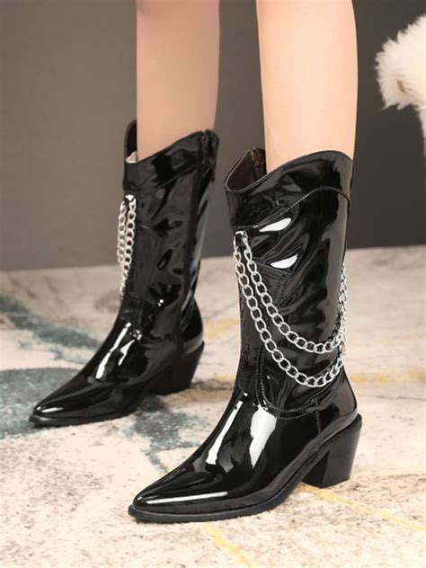 Women Mid Calf Boots Black Pointed Toe Leather Chain Detail Zip Up Wide