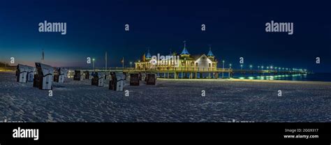The Pier Of Ahlbeck At The Baltic Coast Island Usedom Germany In Dusk Light Panoramic View