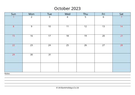 Download October 2023 Monthly Uk Calendar Printable