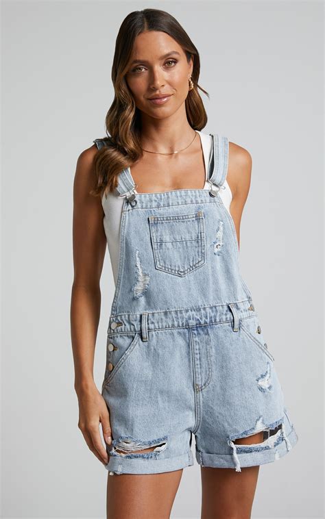 Rheana Overalls Recycled Cotton Denim Short Overalls In Mid Blue Wash
