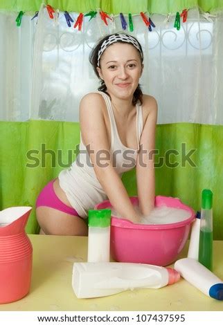 Sexy Housewife Washes Clothes Basin Stock Photo Shutterstock