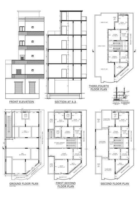 Low rise 1 BHK apartment with courtyard design detailed all floor plan