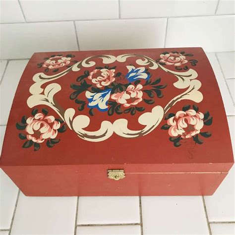 Tole Painted Wooden Footed Box Germany Sewing Box Collectible Storage