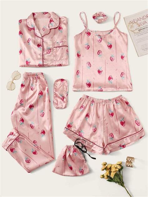 Shein 7pcs Strawberry Print Satin Pajama Set Cute Sleepwear Cute