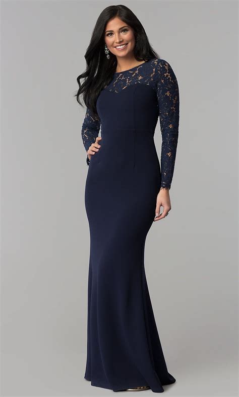 Long Open Back Navy Prom Dress With Lace Sleeves Navy Prom Dresses