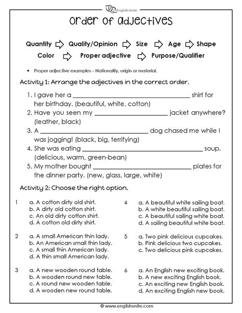 The Order Of Adjectives Worksheet Adjectives Third Grade Order Of