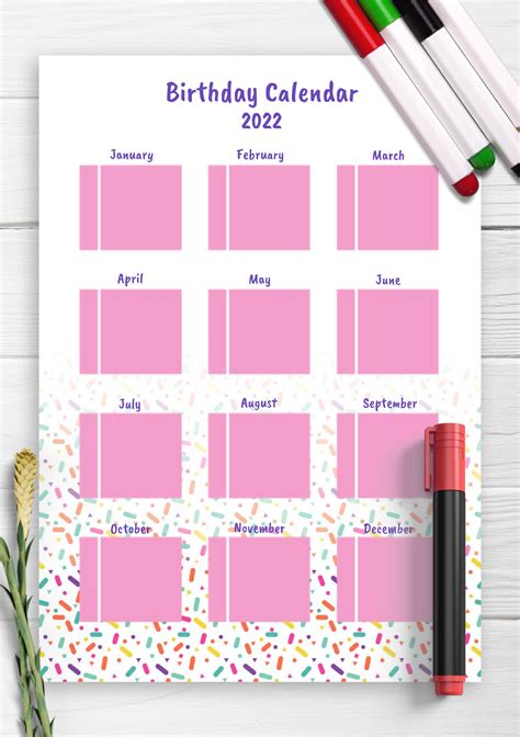 Download Printable Colorful Confetti Birthday Calendar Pdf