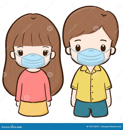 Boy And Girl Cartoon Wearing Protective Medical Mask For Prevent Virus