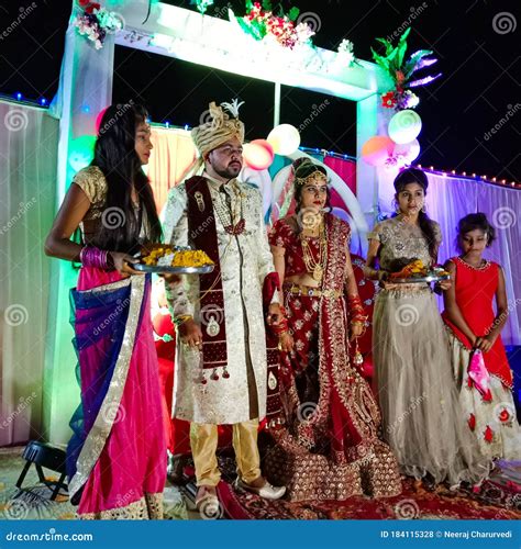indian marriage couple standing on stage during wedding ceremony in india may 2020 editorial