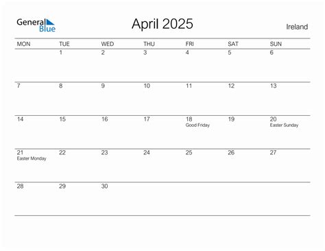 Printable April 2025 Monthly Calendar With Holidays For Ireland