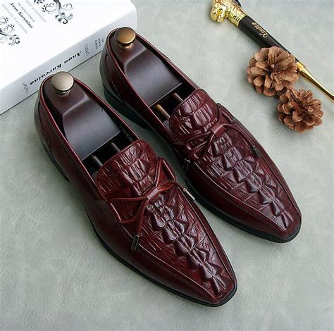 Pointed Toes Dress Shoes Men Slip On Genuine Leather Bowtie Alligator