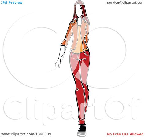 Clipart Of A Sketched Brunette Faceless Woman Modeling Casual Clothes Royalty Free Vector
