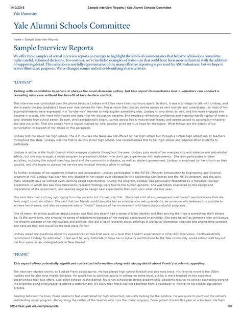Yale - Sample Interview Reports - Yale Alumni Schools Committee Home