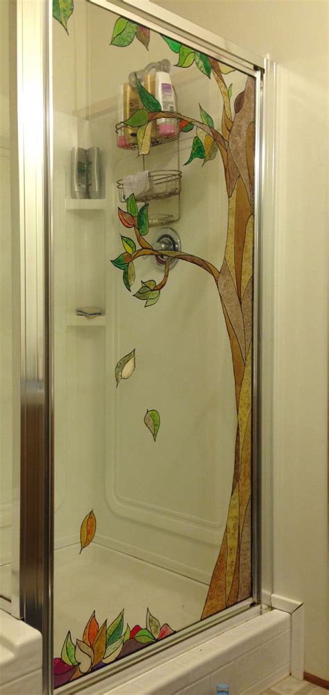 Painted Glass Shower Door With Plaid Stained Glass Paint