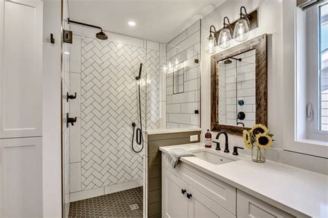 This guest bath has a light and airy feel with an organic element and pop of color. A Modern Farmhouse Bath for a Couple's Forever Home