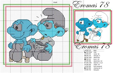 The Smurfs Cross Stitch Pattern Is Shown With An Image Of Two Smurfs