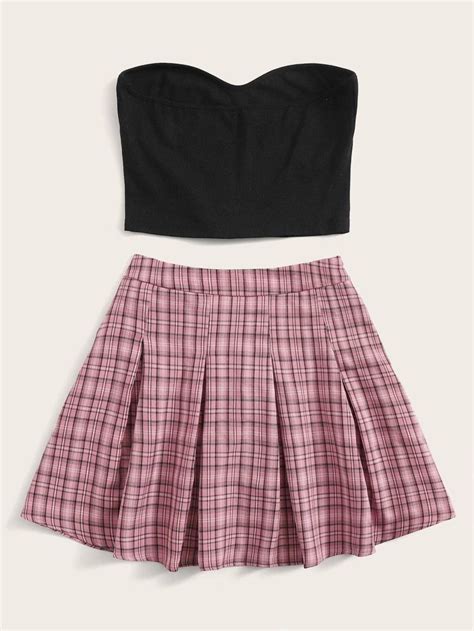 Solid Crop Tube Top And Plaid Pleated Skirt Set In 2021 Girls Fashion