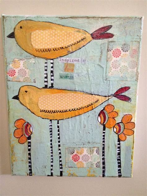 Whimsical Bird Art 11 X 14 Mixed Media Original Altered Canvas Altered