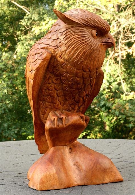 12 Large Wooden Owl Statue Hand Carved Sculpture Figurine Art Home