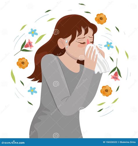 Seasonal Allergy Girl Blows Her Nose In A Handkerchief Vector Graphics