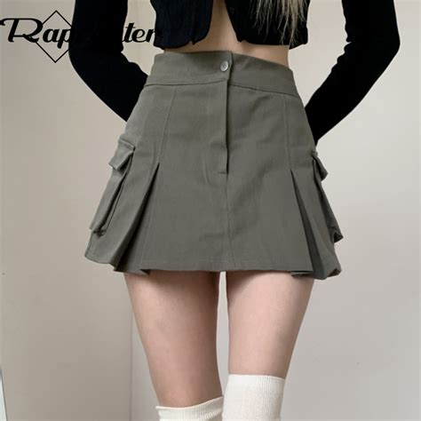 Rapcopter Pockets Denim Pleated Skirts Women Y2k Korean Cute Prepply