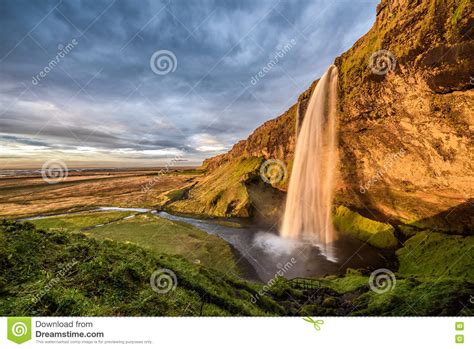 Seljalandsfoss Waterfall In Iceland At Sunset Stock Photo Image Of