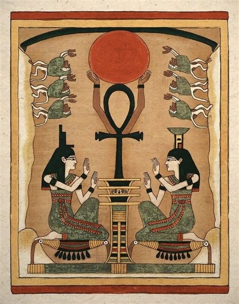 An Egyptian Painting With Two Women Sitting At A Table In Front Of The