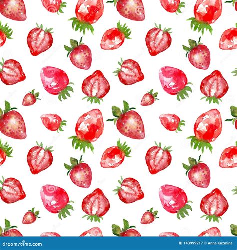 Watercolor Strawberry Seamless Pattern Isolated On White Background