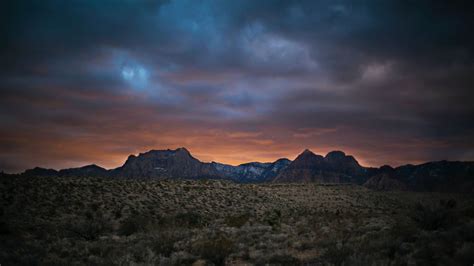 Sunset Sky Dusk Desert Mountains Bushes