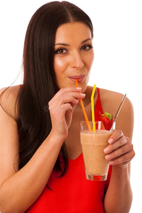 Woman Drinking Healthy Fresh Fruit Smoothie Decorated With Red S Stock Image Image Of Orange