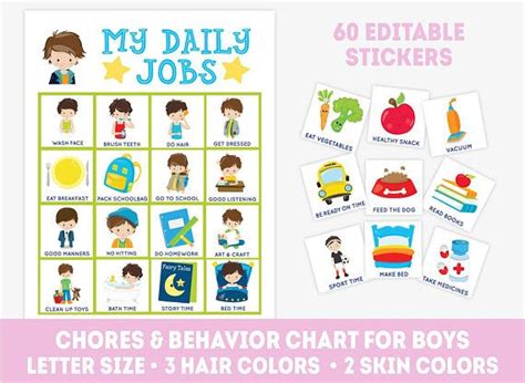 Editable Chore Chart For Boys 60 Stickers Toddler Etsy Chore Chart