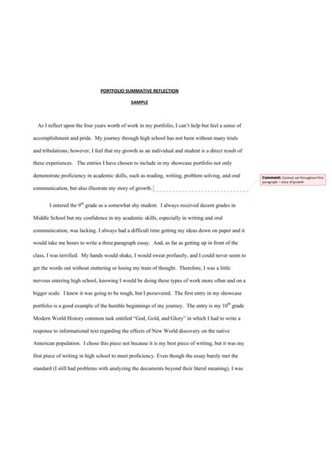 When writing a reflection paper on literature or another experience, the point is to include your thoughts and reactions to the reading or experience. portfolio summative reflective sample essay