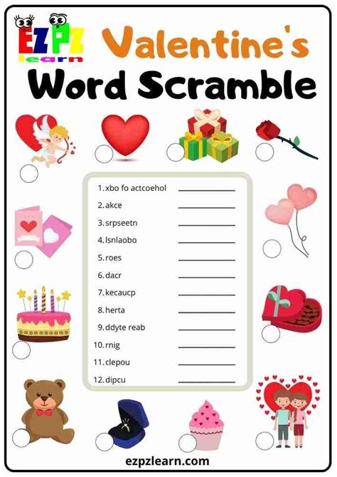 Valentines Day Vocabulary Word Scramble Worksheet