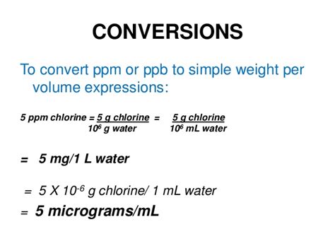 The milligram/liter mg/l to part/million (ppm) conversion table and conversion steps are also listed. Preparing, Diluting of solutions of different Strengths ...