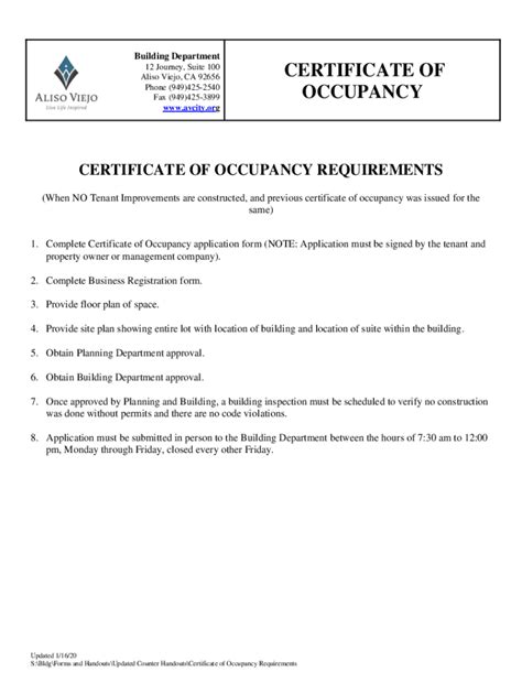 Ca Certificate Of Occupancy Aliso Viejo 2020 2021 Fill And Sign