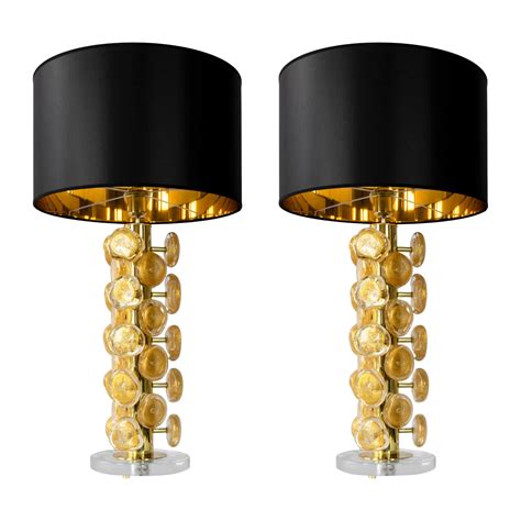 Pair Of Contemporary Italian Table Lamps In Brass And Solid Glass For