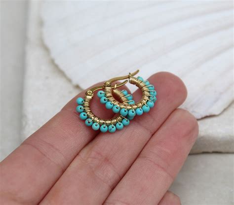 Tiny Turquoise Hoops Small Blue Gemstone Hoops Small Gold Etsy