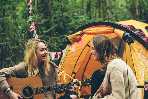 Two Teenage Girls Camping In Woodland By Kkgas Stocksy United