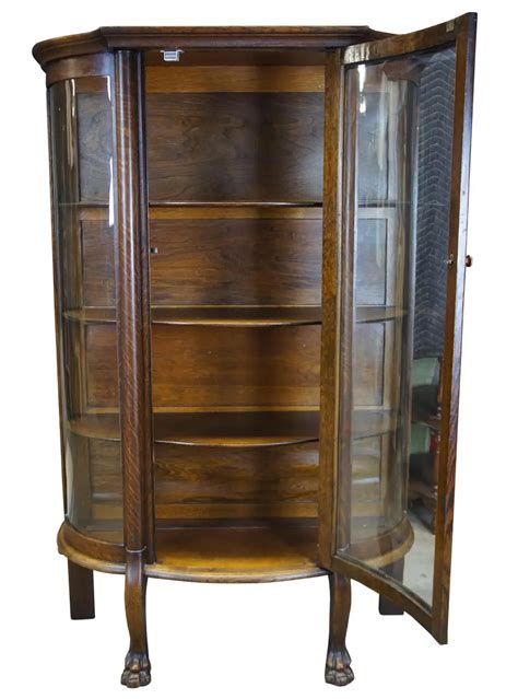 Antique American Empire Oak Curved Bowfront Glass Curio Display Cabinet Paw Feet Glass Curio