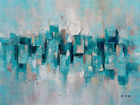 Hand Painted Art Abstract Turquoise City Oil Etsy