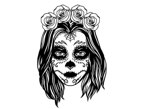 Girl Sugar Skull with Flowers/Line Art/Silhouette/Cricut/Cut | Etsy