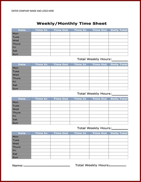 Free Printable Weekly Timesheet Template Timesheet Template Time