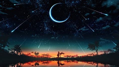 Sunset Starry Night Sky Moon Stars Anime Scenery 4k 62615 Wallpaper