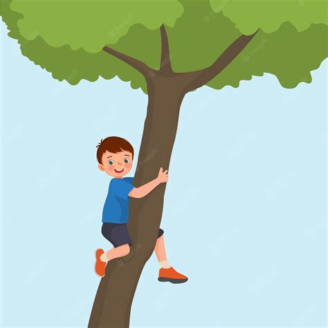 Premium Vector Cute Little Boy Climbing Big Tree In The Park