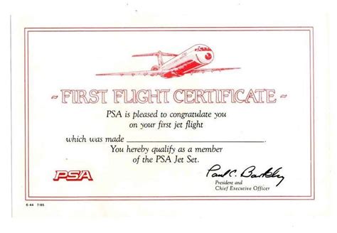 Psa First Flight Certificate Pacific Southwest Airlines 1985 1865333981