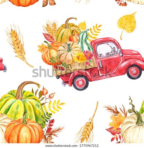 Watercolor Red Harvest Truck Autumn Seasonal Stock Illustration 1775967212