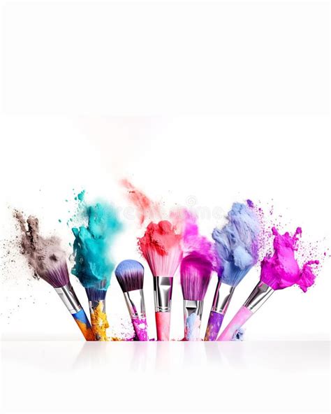 Cosmetics Brushes And Colorful Makeup Powder Explosions On White