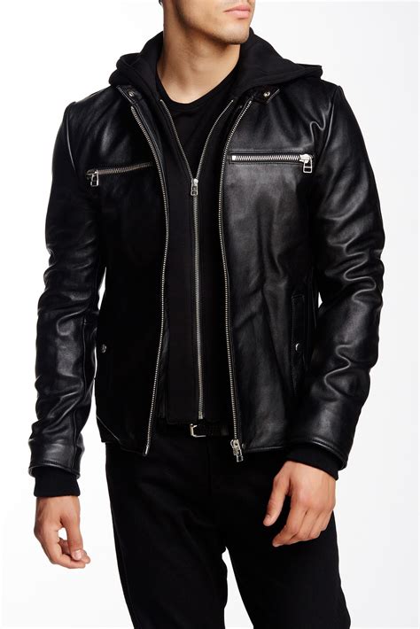 Men Black Detachable Fabric Hooded Leather Jacket Biker Leather Jacket