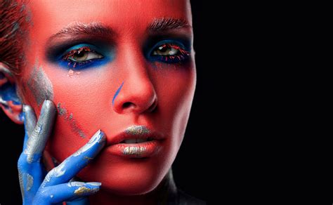 Wallpaper Model Portrait Red Green Eyes Makeup Blue Fashion Face Paint Mouth Nose
